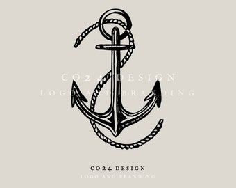 May include: Black and white illustration of an anchor with a rope wrapped around it. The text "CO24 DESIGN LOGO AND BRANDING" is below the anchor.