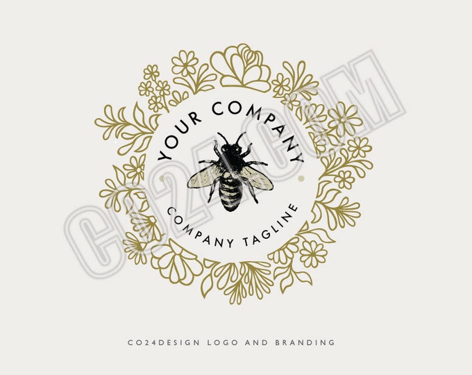 Honeybee logo, Pre-made Bee Logo, Bee and Floral Wreath, Honey Products Logo, Natural Bee Products Logo (eps, svg, jpeg, pdf, png files)