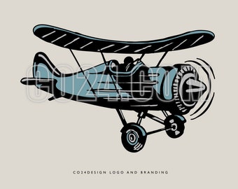 Vintage Biplane Illustration, Hand Drawn Aviation Art (Digital Files)