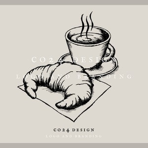 Croissant e xícara de café estilo vintage ilustração desenhada à mão, desenho de café, ilustração do menu de café da manhã (eps, svg, jpeg, pdf, arquivos png)