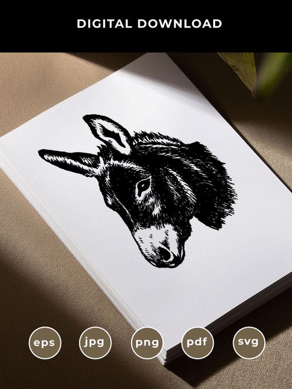 Vintage Style Donkey Illustration, Hand Drawn Animal Portrait (Digital Files)