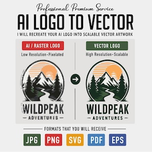 Pode incluir: Uma exibição gráfica mostrando um logotipo pixelizado de baixa resolução à esquerda e um logotipo vetorial de alta resolução à direita. Ambos apresentam um design de montanha, floresta e sol com o texto WILDPEAK ADVENTURES. Inclui ícones.