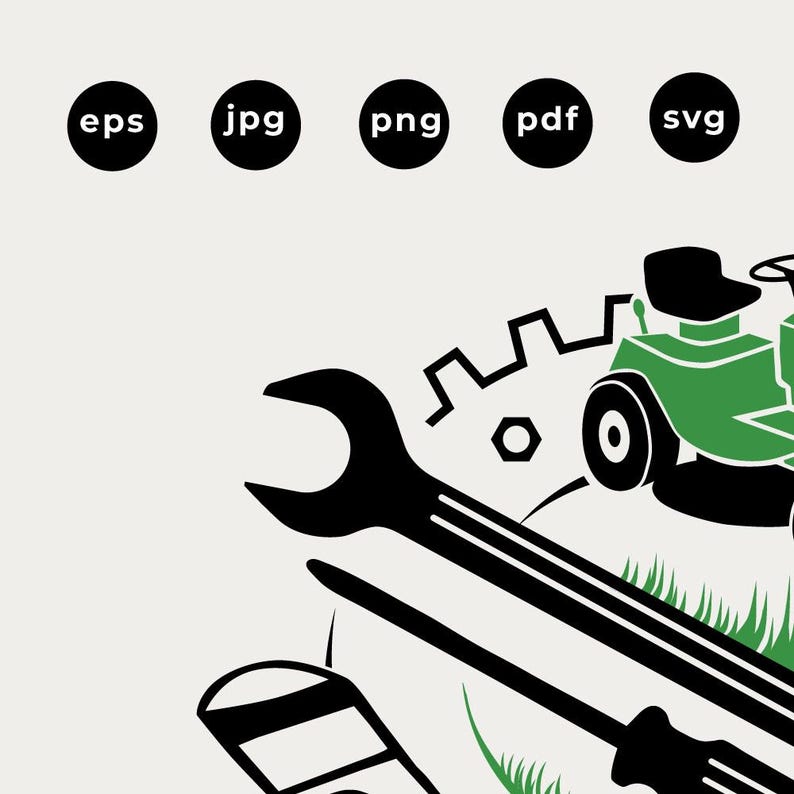 May include: A green riding lawnmower with a black seat and a wrench and screwdriver next to it. The lawnmower is on a green lawn with a gear behind it.