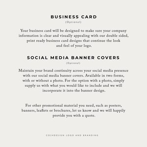 May include: Text on a white background describing business card and social media banner cover design services. The text includes the words "Business Card", "Social Media Banner Covers", "Optional", and "CO24DESIGN LOGO AND BRANDING".