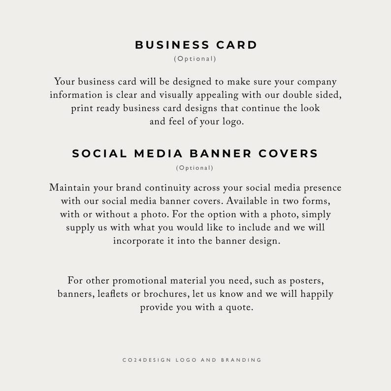 May include: Text on a white background describing business card and social media banner cover design services. The text includes the words "Business Card", "Social Media Banner Covers", "Optional", and "CO24DESIGN LOGO AND BRANDING".