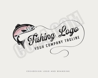 May include: Black and white logo design of a fish jumping out of the water with a fishing line and hook. The text "Fishing Logo" is written in a cursive font with the tagline "Your Company Tagline" below it.