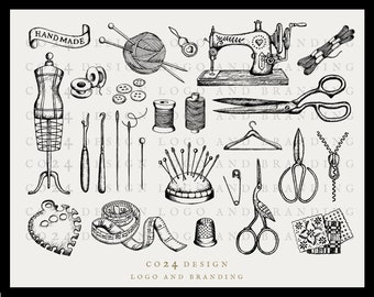 Sewing Illustrations bundle, Hand Drawn Sewing Kit, Vintage Sewing Tools, Sewing Machine, Seamstress, Dressmaker (eps,svg,jpeg,pdf,png)