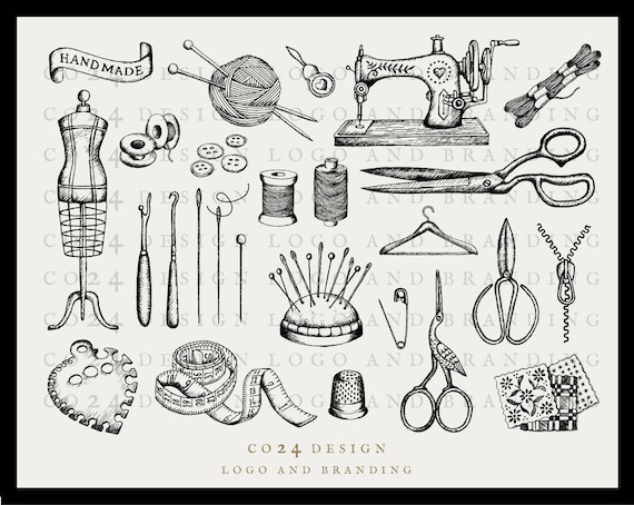 Pacchetto di illustrazioni da cucito, Kit di cucito disegnato a mano,  Strumenti da cucito vintage, Macchina da cucire, Sarta, Sarta eps, svg,  jpeg, pdf, png -  Italia