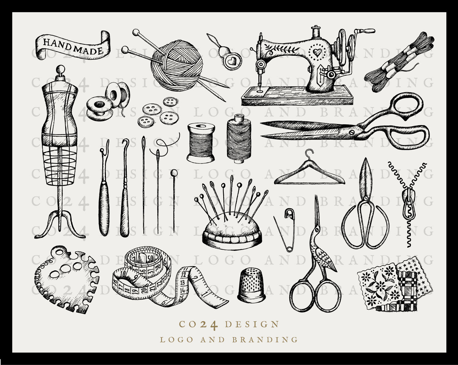 colección monocromática de accesorios de costura. ilustración
