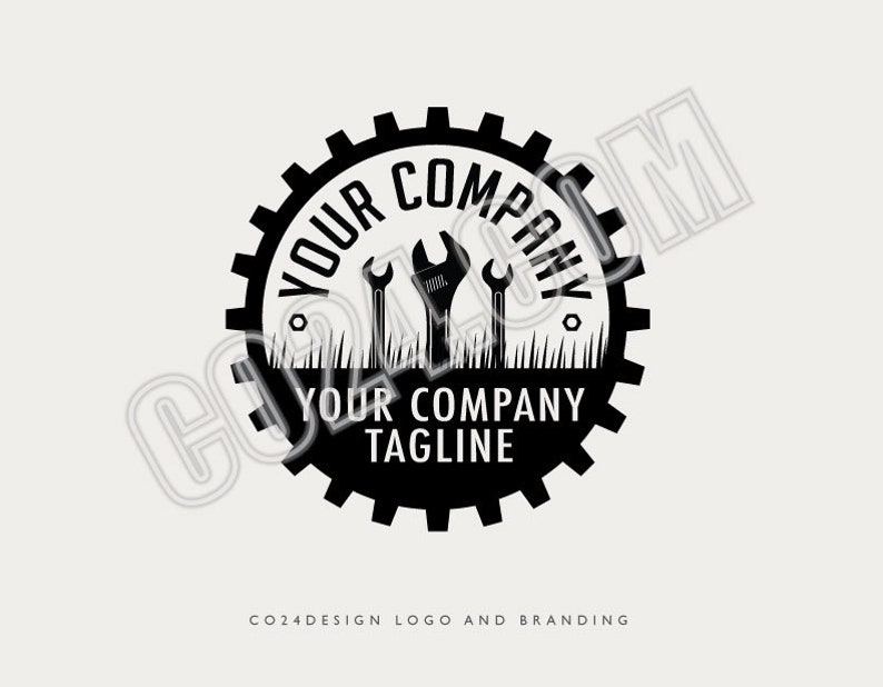 May include: Black and white logo design featuring a gear with three wrenches inside. The text "YOUR COMPANY" is above the gear and "YOUR COMPANY TAGLINE" is below the gear.