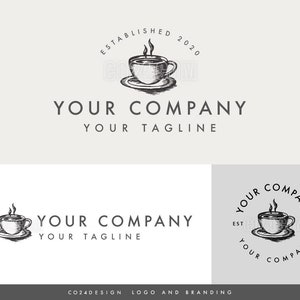 Cafe o Coffee Shop Design del logo moderno pre-fatto con illustrazione della tazza di caffè disegnata a mano, logo della tazza di tè (eps, svg, jpeg, pdf, file png)