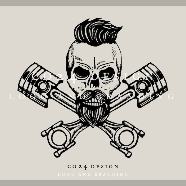Vintage Skull and Pistons Illustration, Biker Drawing (eps, svg, jpeg, pdf, png files)
