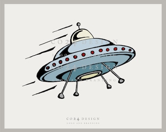 Vintage Fliegende Untertasse Illustration, Handgezeichnete Raumschiff Kunst (Digitaler Download)