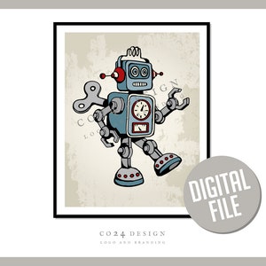 Robot Wall Art, Digital Vintage Style Robot Print, Vintage Decor, Space Poster, Retro Robot Art, Kids Playroom Art, Instant Download
