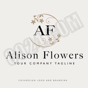 May include: A logo design for a flower shop called Alison Flowers. The logo features a circle with the letters "AF" in black and a floral design in brown.