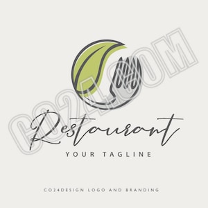 Restaurant Leaf Fork Logo, Cafe Logo, Pre Made Kitchen Logo, Organic Food Logo, Full Branding Pack (eps, svg, jpeg, pdf, png files)