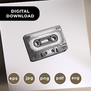 May include: Black and white illustration of a cassette tape. The image includes the text "DIGITAL DOWNLOAD" in a black rounded rectangle. Below the cassette tape are the file type icons: eps, jpg, png, pdf, and svg.