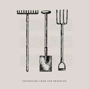 Garden Tools, Rake Spade and Fork Vintage Style Hand Drawn Illustration Icon (eps, svg, jpeg, pdf, png files)