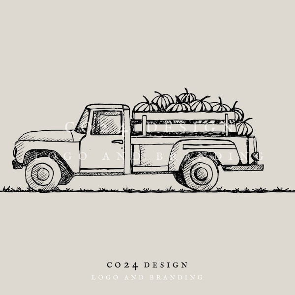 Pickup Truck with Pumpkins Illustration, Vintage Style Ute Illustration, Vintage Farm truck, Harvest Truck (eps, svg, jpeg, pdf, png files)