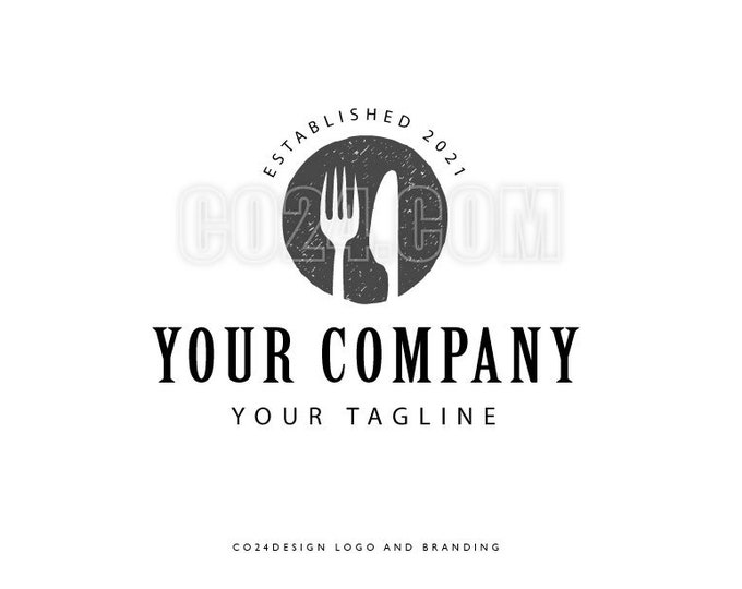 Restaurant Logo, Vintage Style Cafe Logo, Pre-made Kitchen Logo, Hand Drawn Knife Fork Plate Illustration (eps, svg, jpeg, pdf, png files)