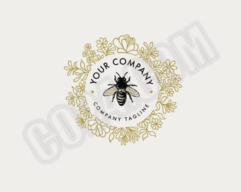 Honeybee logo, Pre-made Bee Logo, Bee and Floral Wreath, Honey Products Logo, Natural Bee Products Logo (eps, svg, jpeg, pdf, png files)