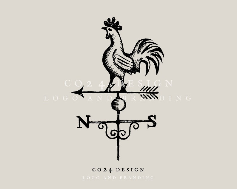 May include: Black and white illustration of a rooster weather vane with the text "CO24 DESIGN LOGO AND BRANDING" on the top and bottom of the image.