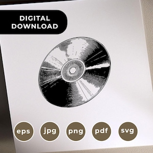 May include: Black and white illustration of a CD or DVD. The image includes the text "DIGITAL DOWNLOAD" in a black rectangle. Below the CD are brown circles with the file type abbreviations: eps, jpg, png, pdf, and svg.