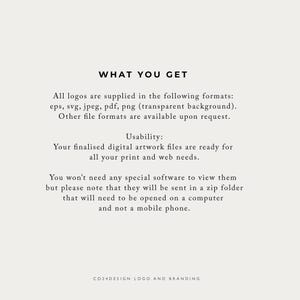 May include: Text on a white background that reads "WHAT YOU GET" followed by a description of the file formats included with a logo purchase: eps, svg, jpeg, pdf, png (transparent background). Other file formats are available upon request. The text continues with "Usability: Your finalized digital artwork files are ready for all your print and web needs." The text continues with "You won't need any special software to view them but please note that they will be sent in a zip folder that will need to be opened on a computer and not a mobile phone." The text concludes with "CO24DESIGN LOGO AND BRANDING".