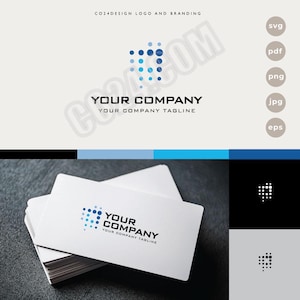 Op de afbeelding: Een visitekaartontwerp met een logo van blauwe stippen die een 'C' vormen. De tekst "YOUR COMPANY" en "YOUR COMPANY TAGLINE" staat in een modern lettertype. Het ontwerp wordt getoond op een stapel witte visitekaartjes.
