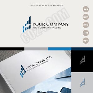 May include: A logo design featuring a stylized graphic with blue and white elements. The design includes the text "YOUR COMPANY" and "YOUR COMPANY TAGLINE". The image also shows file type options: SVG, PDF, PNG, JPG, and EPS.