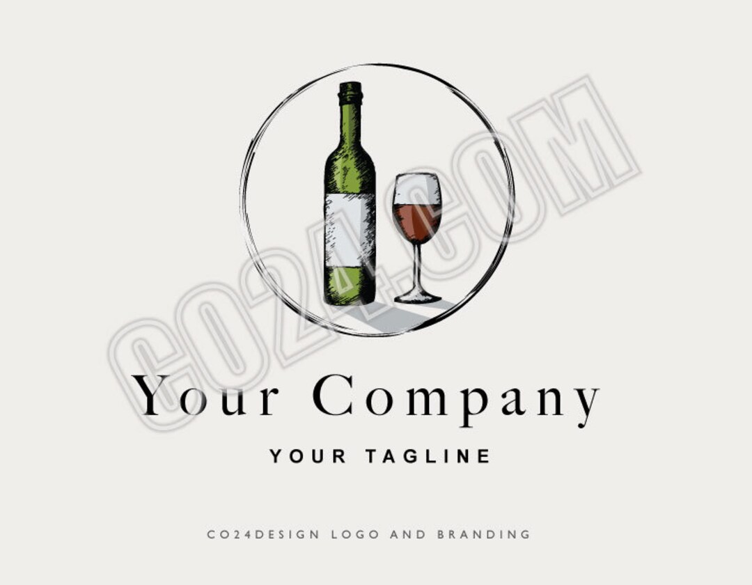 Wine Bottle and Glass Logo, Vintage Style Premade Wine Logo, Hand