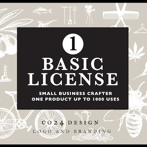 Könnte beinhalten: Ein schwarz-weißes Grafikdesign mit dem Text "1 BASIC LICENSE" und "SMALL BUSINESS CRAFTER ONE PRODUCT UP TO 1000 USES" und "CO24 DESIGN LOGO AND BRANDING".