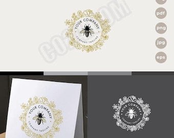 Natural Honeybee Logo: Floral Wreath Branding Design (eps, svg, jpeg, pdf, png files)