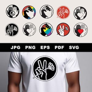 May include: A collection of circular graphic designs featuring hands, peace signs, and hearts in various color combinations. The designs include a peace sign, a fist, and a hand holding a flower. The image also shows a white t-shirt with a similar design.