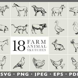 Farm Animal Sketches, Vintage Style Animal Farm Drawings, Hand Drawn Animal Illustrations, Digital download (eps, svg, jpeg, pdf, png files)