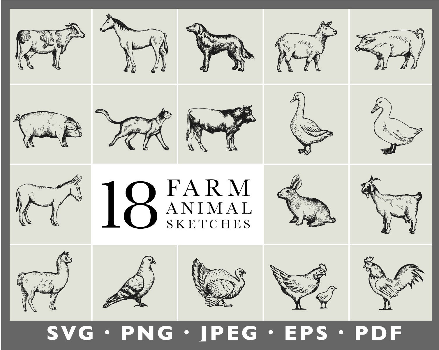 Farm Animal Sketches, Vintage Style Animal Farm Drawings, Hand Drawn Animal Illustrations, Digital download (eps, svg, jpeg, pdf, png files)
