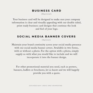 May include: Text on a white background describing business card and social media banner cover design services. The text includes the words "Business Card", "Social Media Banner Covers", "Optional", and "CO24DESIGN LOGO AND BRANDING".