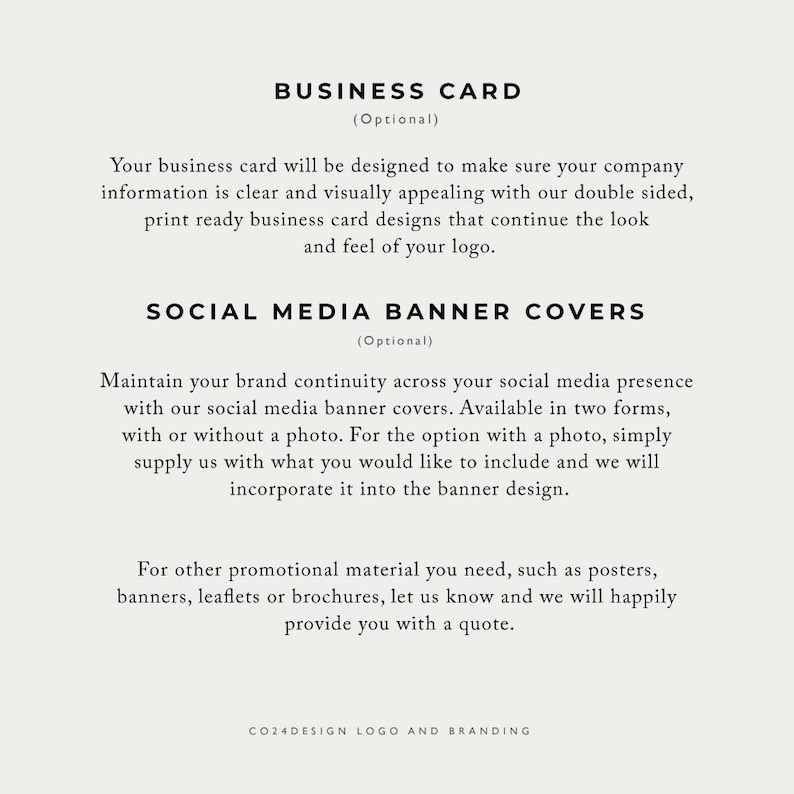 May include: Text on a white background describing business card and social media banner cover design services. The text includes the words "Business Card", "Social Media Banner Covers", "Optional", and "CO24DESIGN LOGO AND BRANDING".