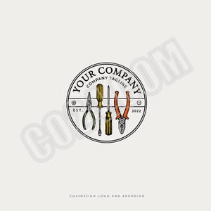 Logo pre-costruito per elettricista, design in stile vintage, logo per azienda elettrica, illustrazione di strumenti, logo per tuttofare (file eps, svg, jpeg, pdf, png)