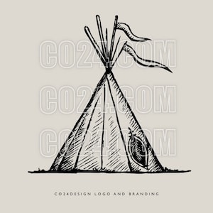 May include: A black and white sketch of a teepee with flags on top. The teepee is drawn with lines and shading, and the text "CO24DESIGN LOGO AND BRANDING" is at the bottom.