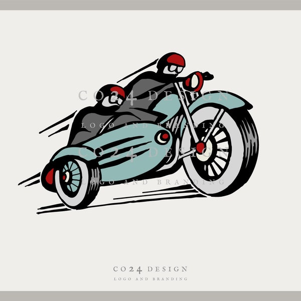 Sidecar Racing Illustration, Motorcycle and Sidecar Art, Vintage Motorbike, Retro Racing Motorcycle Art (eps, svg, jpeg, pdf, png files)