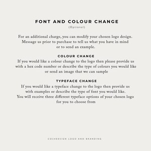 May include: Text on a white background explaining how to modify a logo design. The text includes the headings "Font and Colour Change", "Colour Change", and "Typeface Change".