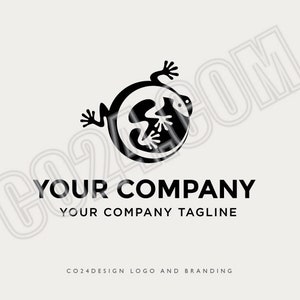 May include: Black and white logo design featuring a stylized lizard curled around a circle. The text "YOUR COMPANY" and "YOUR COMPANY TAGLINE" is below the logo. The text "CO24DESIGN LOGO AND BRANDING" is below the tagline.