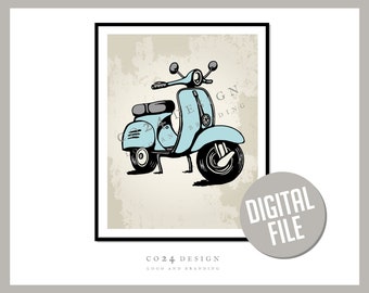Vintage Style Vespa Print, Turquoise Scooter Poster (Digital Download)