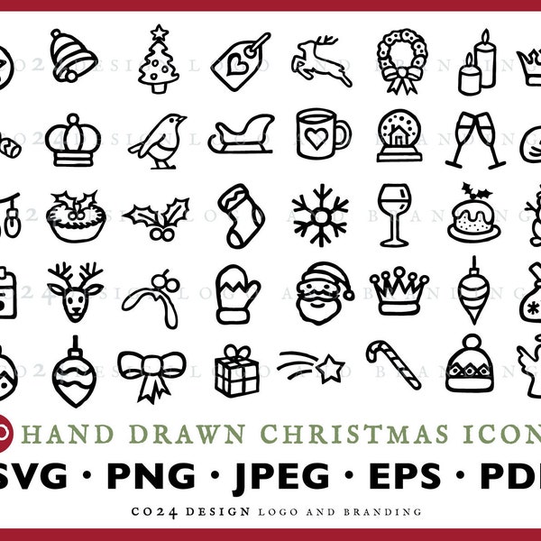 40 Festive Holiday Christmas Hand Drawn Black Icon Bundle, Vintage Style Hand drawn Holiday Icons (svg, png, eps, jpg, pdf files)