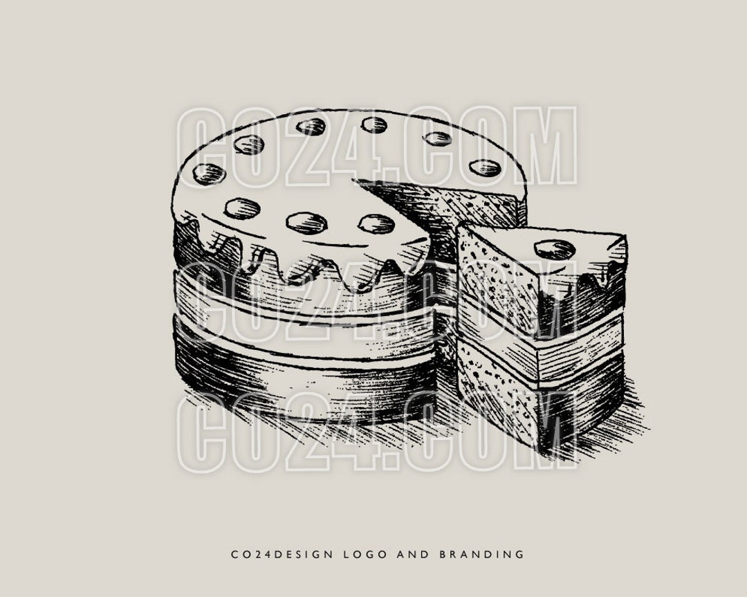 Cake Illustration, Vintage Style Drawing, Birthday Cake, Bakery Art