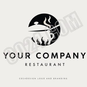 May include: Black and white logo design for a restaurant. The logo features a stylized pot with steam rising from it, set against a black circle. The text "YOUR COMPANY RESTAURANT" is below the logo.