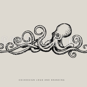May include: Black and white line drawing of an octopus with its tentacles curled in a wave-like pattern. The octopus is facing the right side of the image. The image has the text "CO24DESIGN LOGO AND BRANDING" at the bottom.