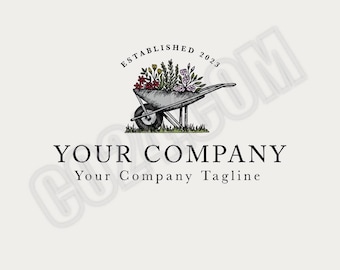Wheelbarrow Vintage Style Pre-made Gardening or Farming Logo Design with Hand Drawn Illustration (eps, svg, jpeg, pdf, png files)