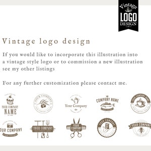 Puede incluir: Una colecci&oacute;n de dise&ntilde;os de logotipos vintage con varias ilustraciones, que incluyen una magdalena, una rama de olivo, una regadera, un pez, una taza de caf&eacute;, herramientas de jardiner&iacute;a, tijeras, hilo y aguja, y una abeja. El texto "Vintage Logo Design" est&aacute; en la parte superior de la imagen.